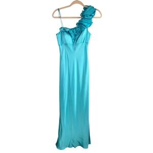 Adrianna Papell Turquoise 100% Silk One Shoulder Formal Gown Size 6